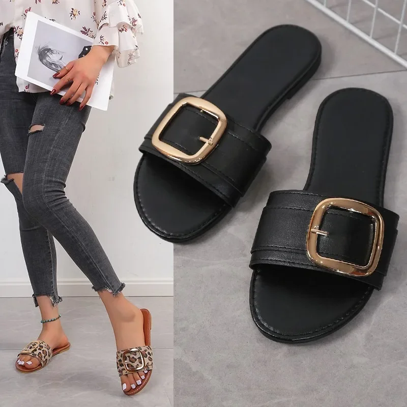 

Women's Metal Decorative Slide 2023 Summer New Large Flat Bottom Fish Mouth Square Buckle Outdoor Beach Sandals