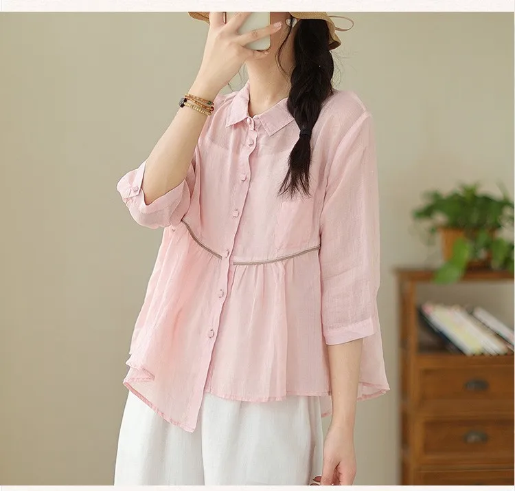 

Literary Style Ramie Light Blouse Pleated Linen Mid-sleeved Shirt 2023 Summer New Loose Pure Color Fashionable Short Sleeve T247