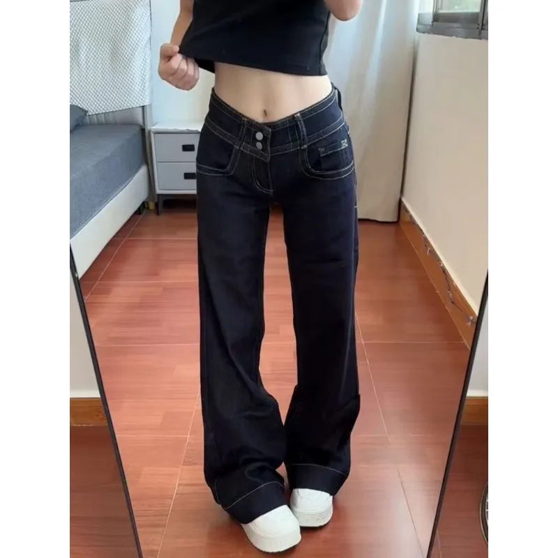 Womens Jeans New American Style Double Waist Button Bootcut Loose Fit Low Rise Straight Leg Pants Not Tight - Image 6
