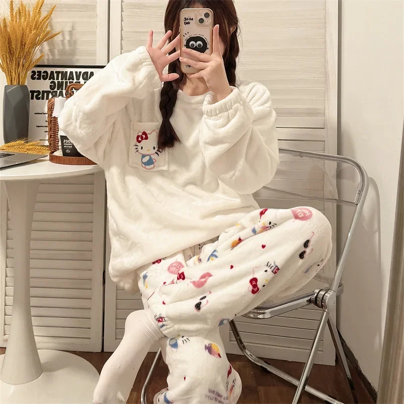 Sanrio Hello Kitty Kuromi My Melody Pochacco Pajamas Set Cute Cartoon Y2k Kawaii Ins Female Student Plush Homewear Anime Gifts sanrio knitting gloves kuromi hello kitty melody flip cover student writing soft stuffed plushie office touch screen female gift