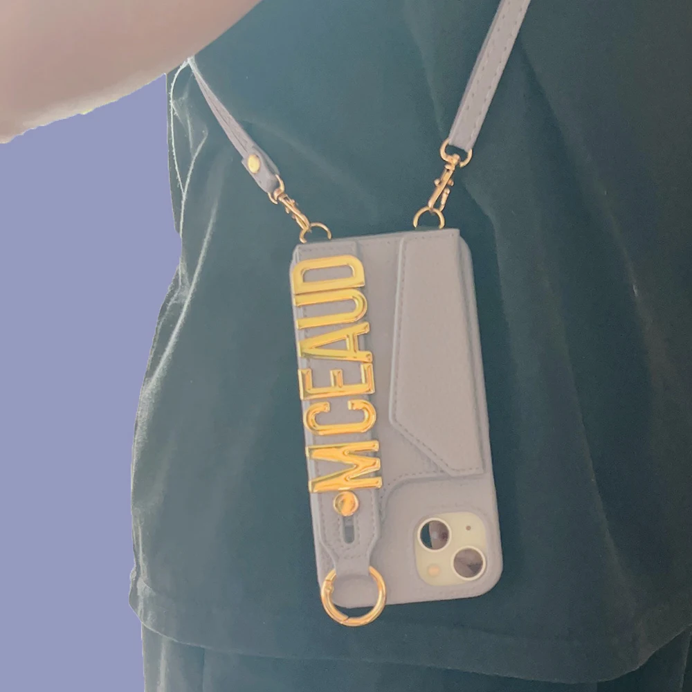 Shoulder Rope With Card Customized Metal Name Letter Personalized Initial Leather Phone Case For Iphone 14 13 12 11 Pro Max