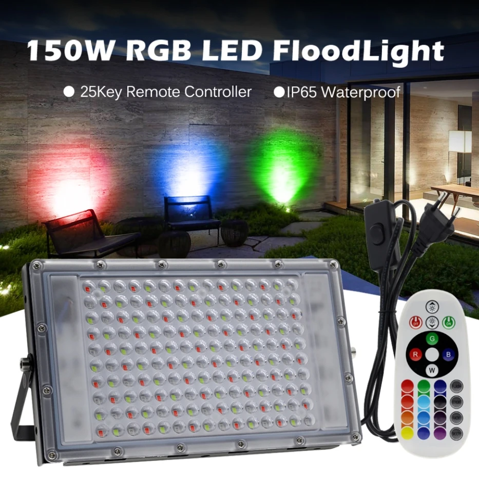 

50W 100W 150W EU Plug LED RGB Flood Light Outdoor Lighting IP65 Waterproof Led Spotlight 220V Floodlights with Remote Control