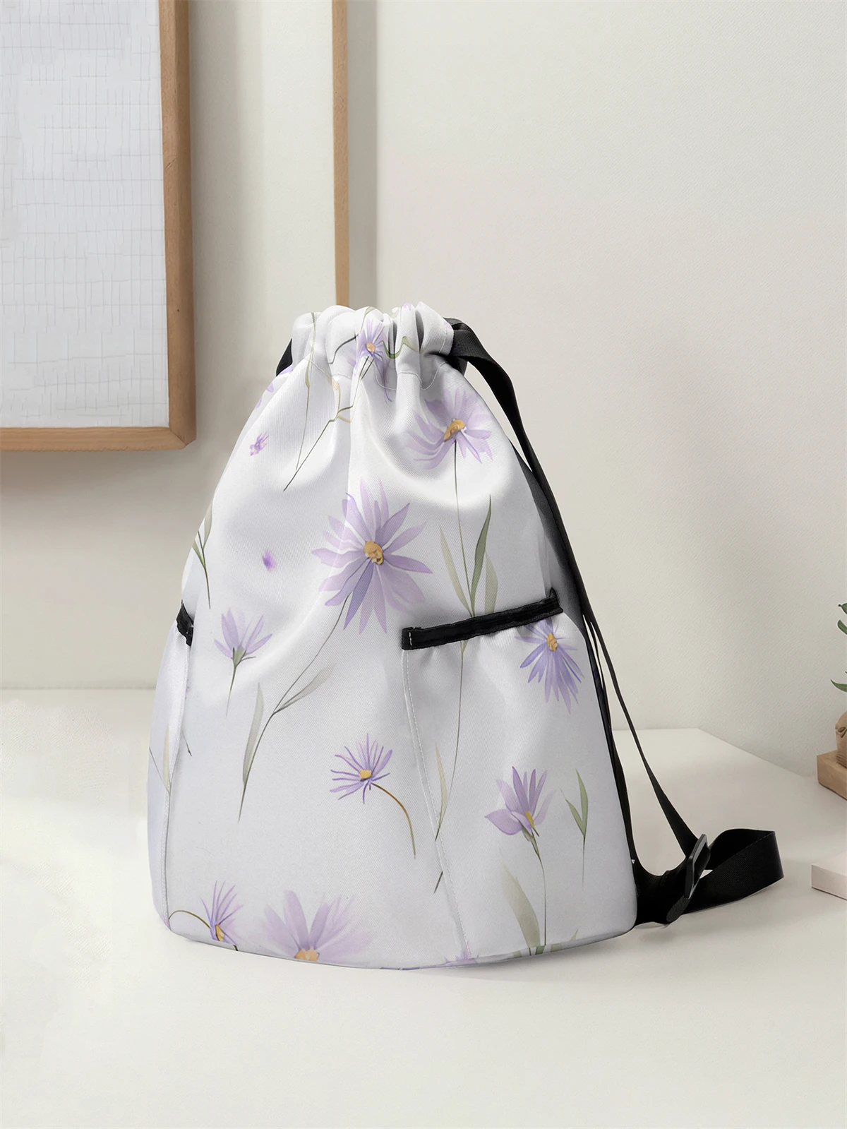 Flower Pattern Drawstring Backpack - Large Capacity Durable Fitness Bag, Adjustable Shoulder Straps, Sports Beach Backpack