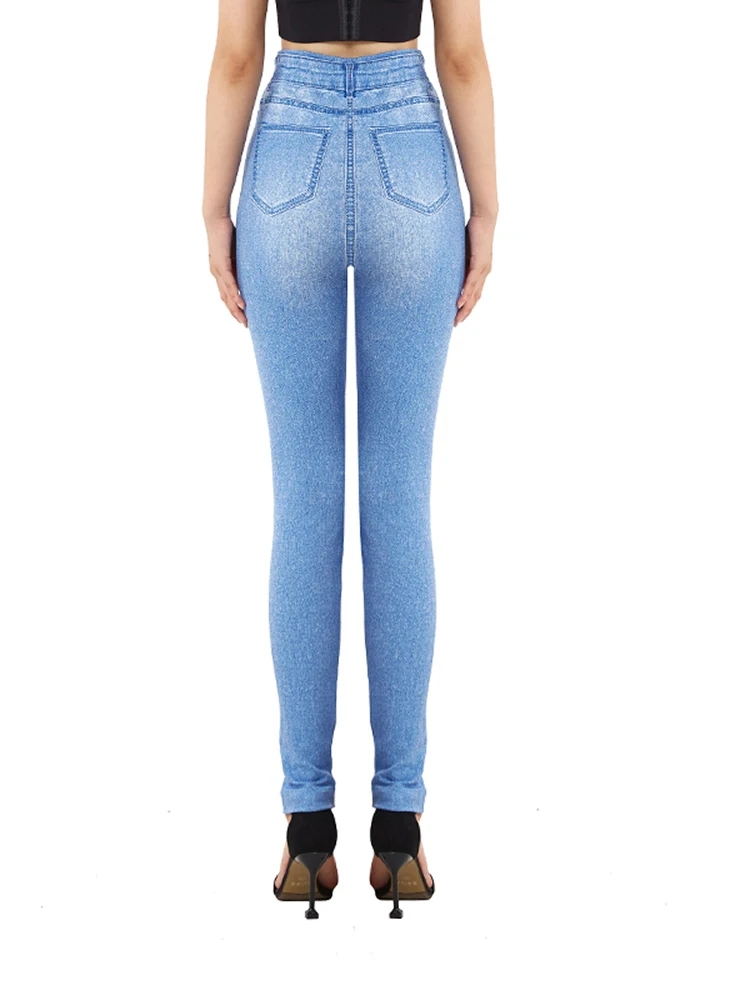 Blue Butterfly Print Faux Denim Jeans Leggings For Women Slim