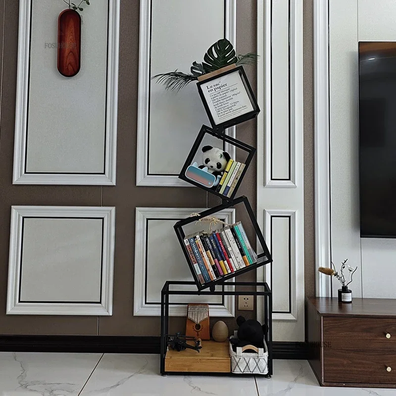Corner Designer Bookcases Floor Rack Iron Shaped Display Shelf Home Living Room Bookcase Bookshelf Integrated Against The Wall C