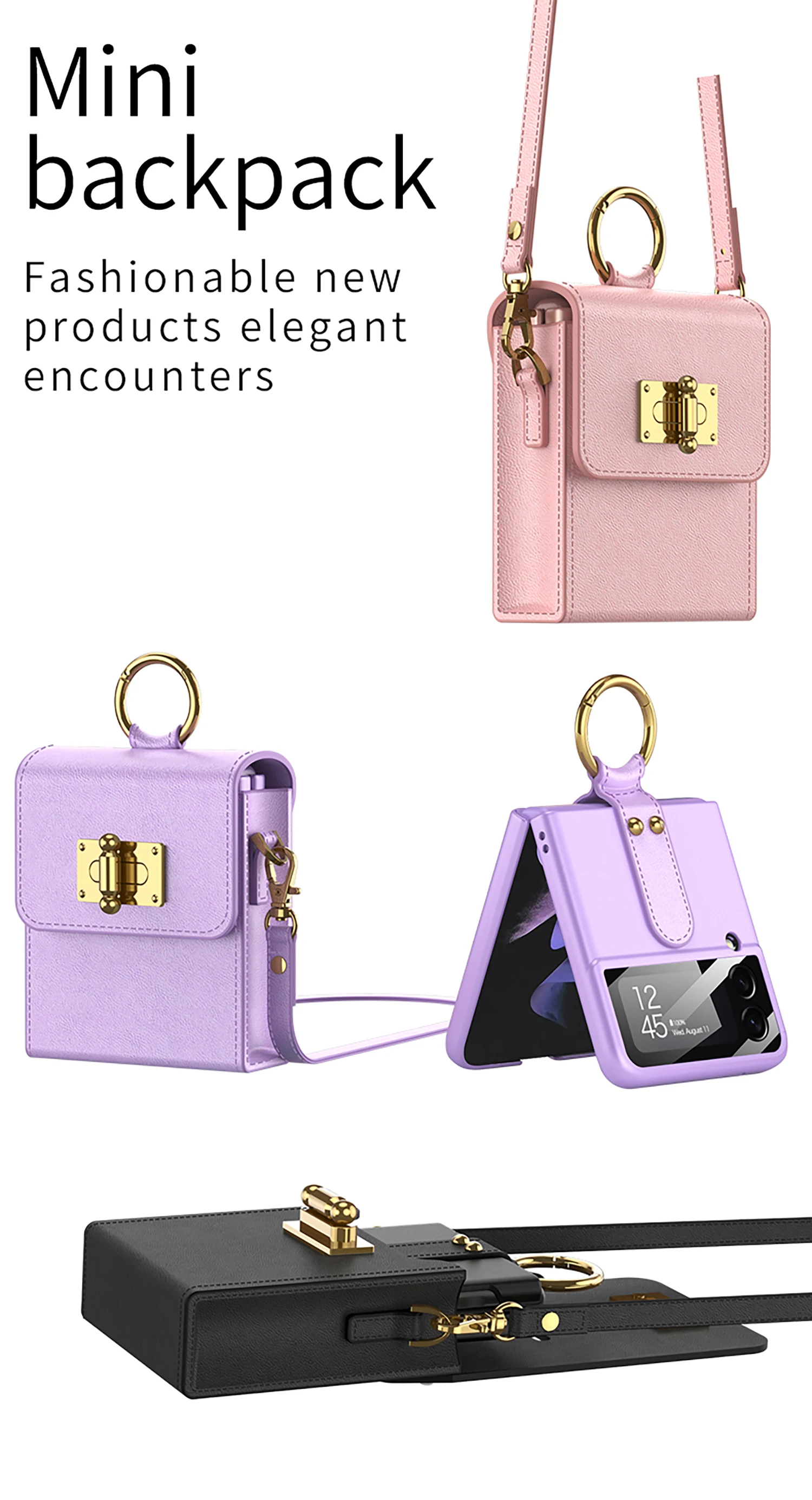 Samsung Galaxy Z Flip 3 4 5G için Mini Omuz Ultra Ince Halkalı Düz Deri Zincir Kordon Telefon Çantası_voghion.com