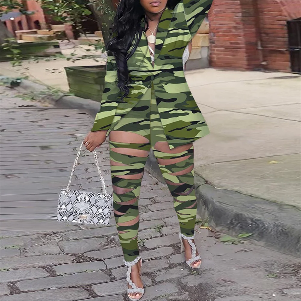 Elegant Women's Suit Female Casual Print Hollow Out Blazers + Pant Suit Street Outfit Ladies 2023 New in 2 Piece Pant Sets