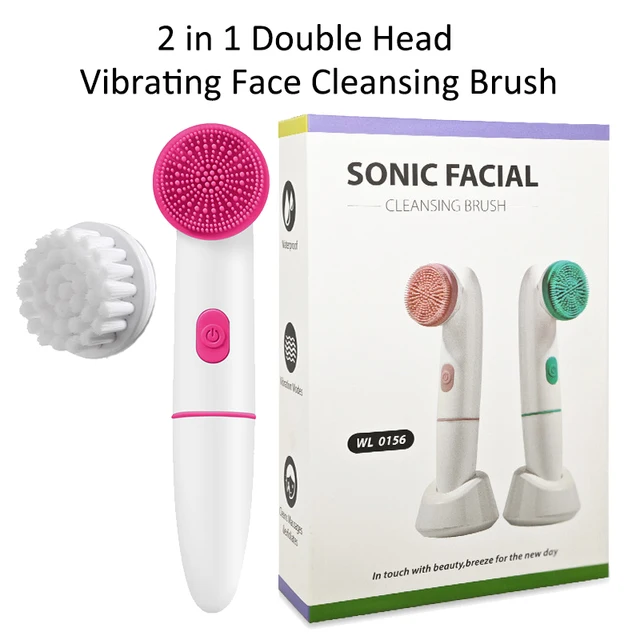 Electric Silicone Face Cleansing Brush Waterproof 2 in 1 Double Head, Sonic Vibration Facial Pore Cleaner Skincare Beauty Tool 1
