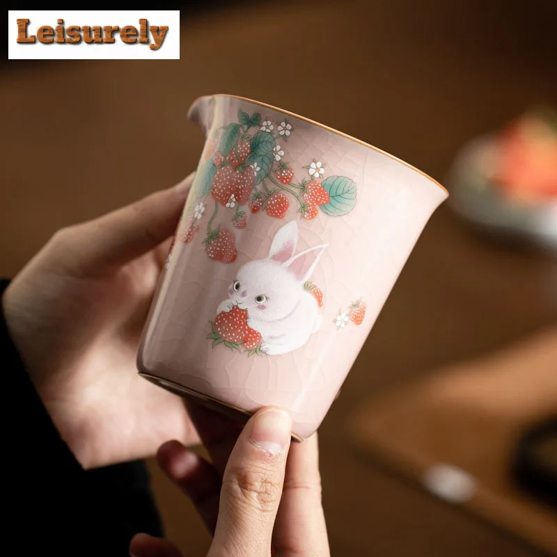 230ml Handmade Pink Ru Kiln Tea Pitcher Retro Strawberry Rabbit Tea-separating Cha Hai Household Justice Cup for Tea Supplies