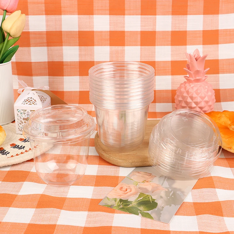 10Pcs 10Oz Disposable Mousse Cups Cake With Lid Clear Plastic Boxes Ice-Cream Dessert Picnic Pudding Jelly Dessert Yogurt Cups