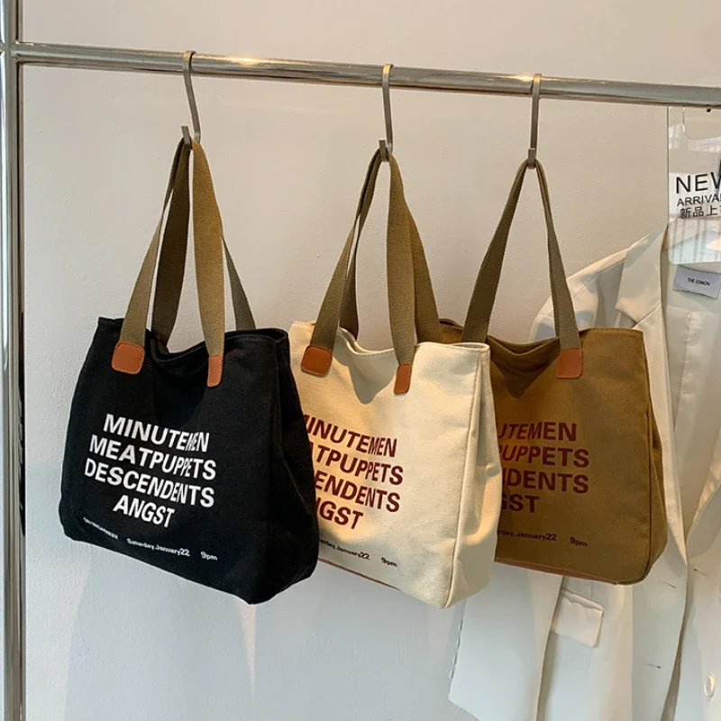 

INS Niche Canvas Bag for Women 2022 New Letter Hit Color Shoulder Bag Female Large Capacity Shopping Bag Vintage Buckle Handbags