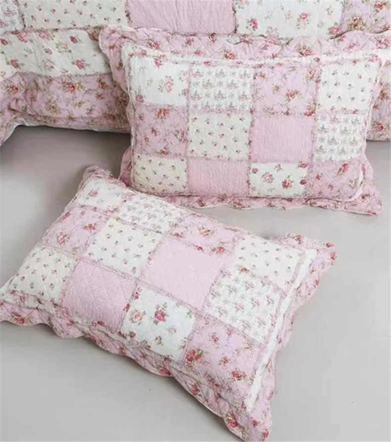 Patchwork-Kissenbezug aus 100 % Baumwolle, dekorative Kissenbezüge für Zuhause, rosa Blumen-Kissenbezug, Vintage-Stil, Shabby-Chic, gesteppter Kissenbezug – Detail 1