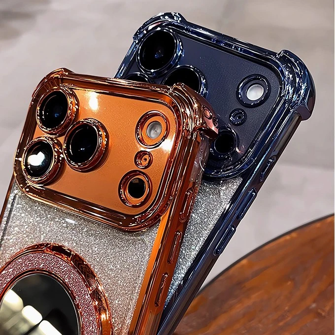 Luxury Glitter Gradient Phone Case with Mirror Ring Holder and Stand Functionality
