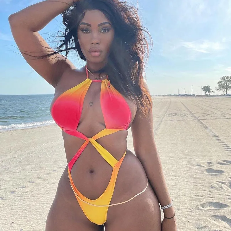 

New Sexy Tie-Dye Print Swimwear Women One Piece Swimsuit Female Hollow Out Bathing Suit Summer Beach Wear Backless