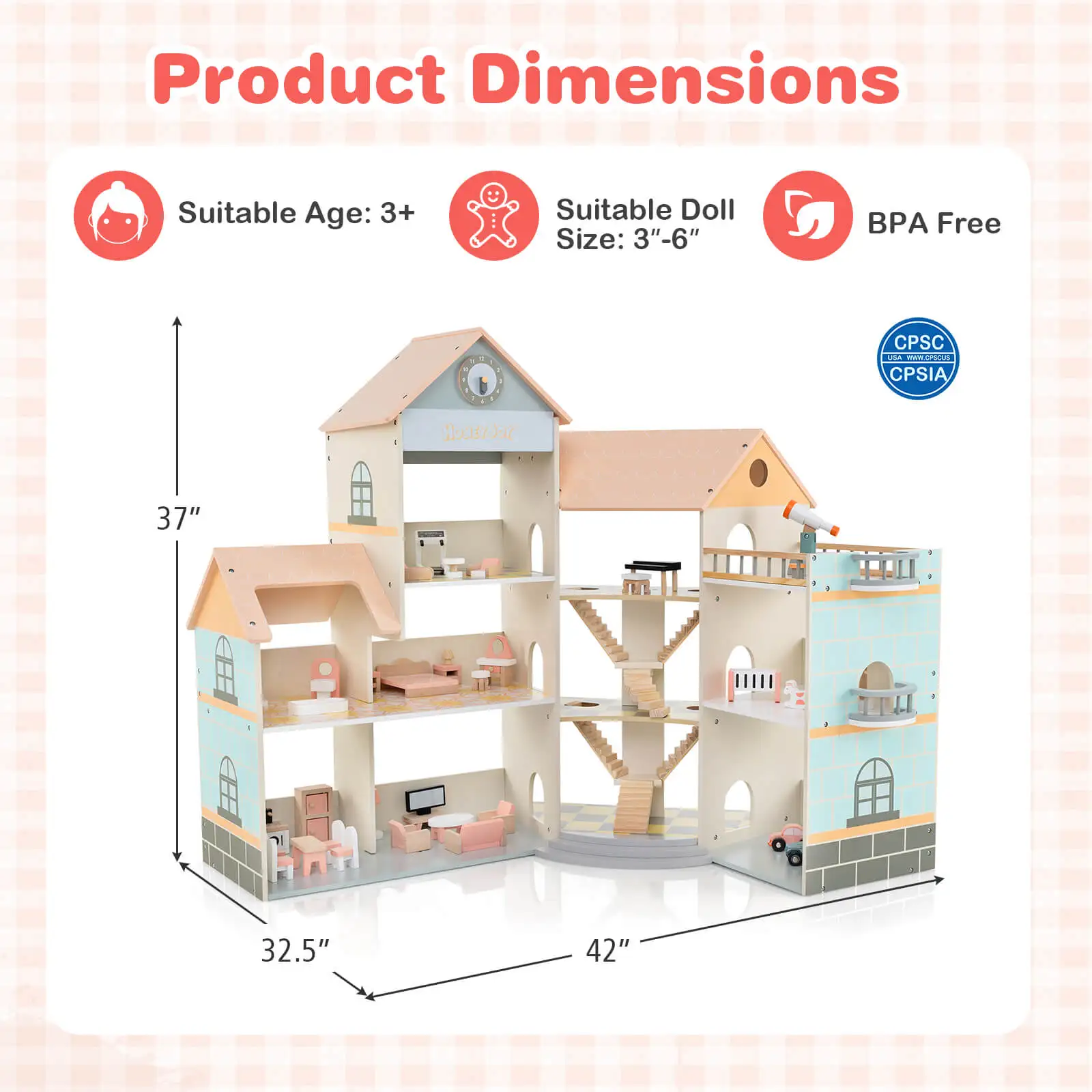 Wooden Corner Dollhouse Playset with 41 Pieces of Furniture and Accessories 2