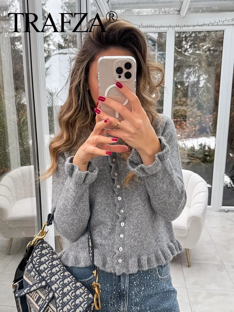 TRAFZA Female Elegant Warm Single Breasted Casual Sweater Women's Winter Fashion Stacked Decorative Knitted Long Sleeve Cardigan 2