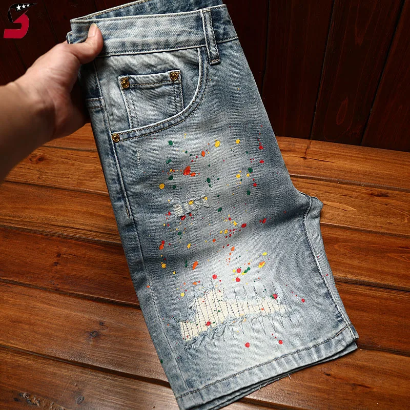 Paint broken hole design denim shorts men's summer2024new elastic slim-fit trendy fashionable youth fifth pants
