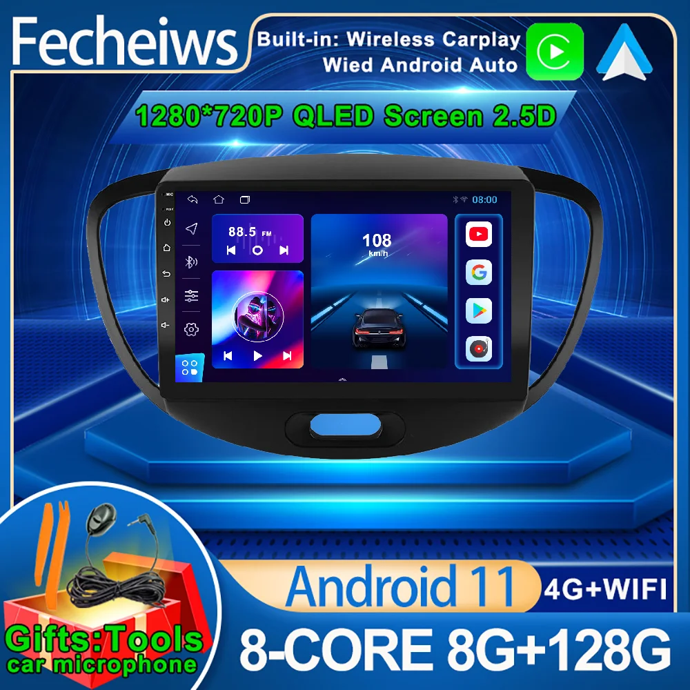 Автомагнитола 9 дюймов Android 11 для Hyundai i10 2007-2013 видеоплеер навигация GPS QLED IPS экран