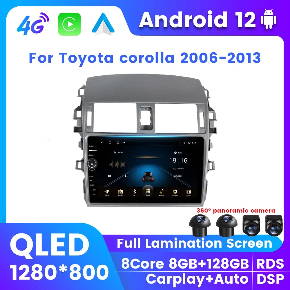 

QLED Android 12 автомобильный стерео радиоприемник для Toyota corolla 2006 2007 2008-2013 GPS мультимедийный плеер беспроводной Carplay охлаждающий вентилятор 2Din
