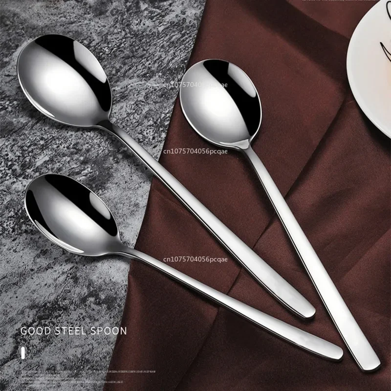 1Pc 304 Stainless Steel Spoon Thicken Long Handle Soup Spoons Round Scoops Ice Cream Dessert Drinking Kitchen Accessories