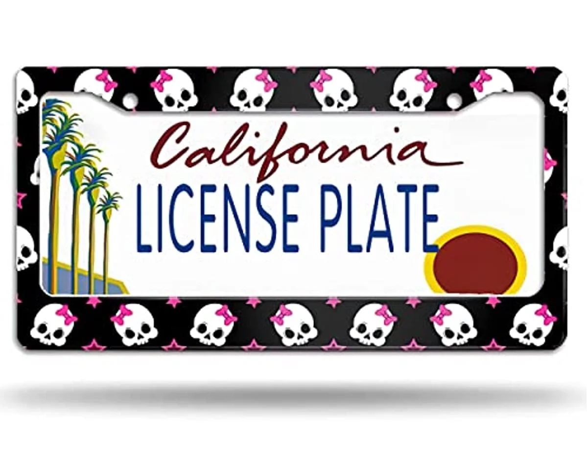 

Pink Star Skull License Plate Frame Decorative Aluminum Car Tag Cover Frames Stainless Metal License Plate Holder for Women Men