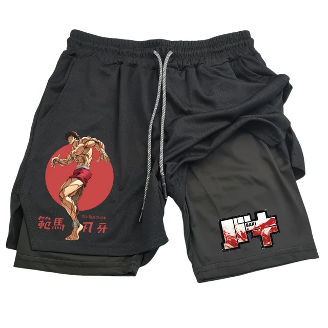 Anime Hanma Baki Gym Shorts Black for Men 2 In1 Mesh Quick Dry Board Shorts Mens Bodybuilding Fitness Running Short Pants Summer - Image 3
