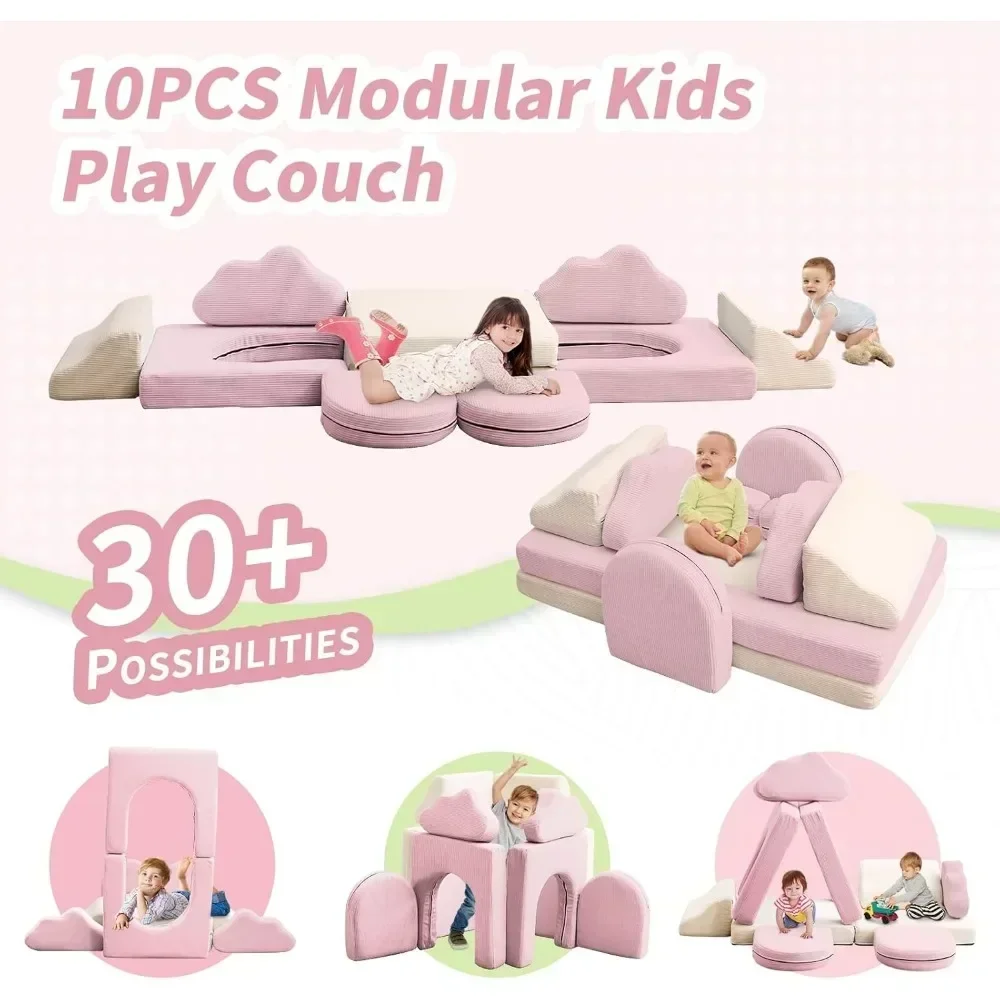Kids Play Couch, 10PCS Kids Modular Couch in Colorblocked Corduroy, Modular Kids Couch for Boys and Girls, Couch Children