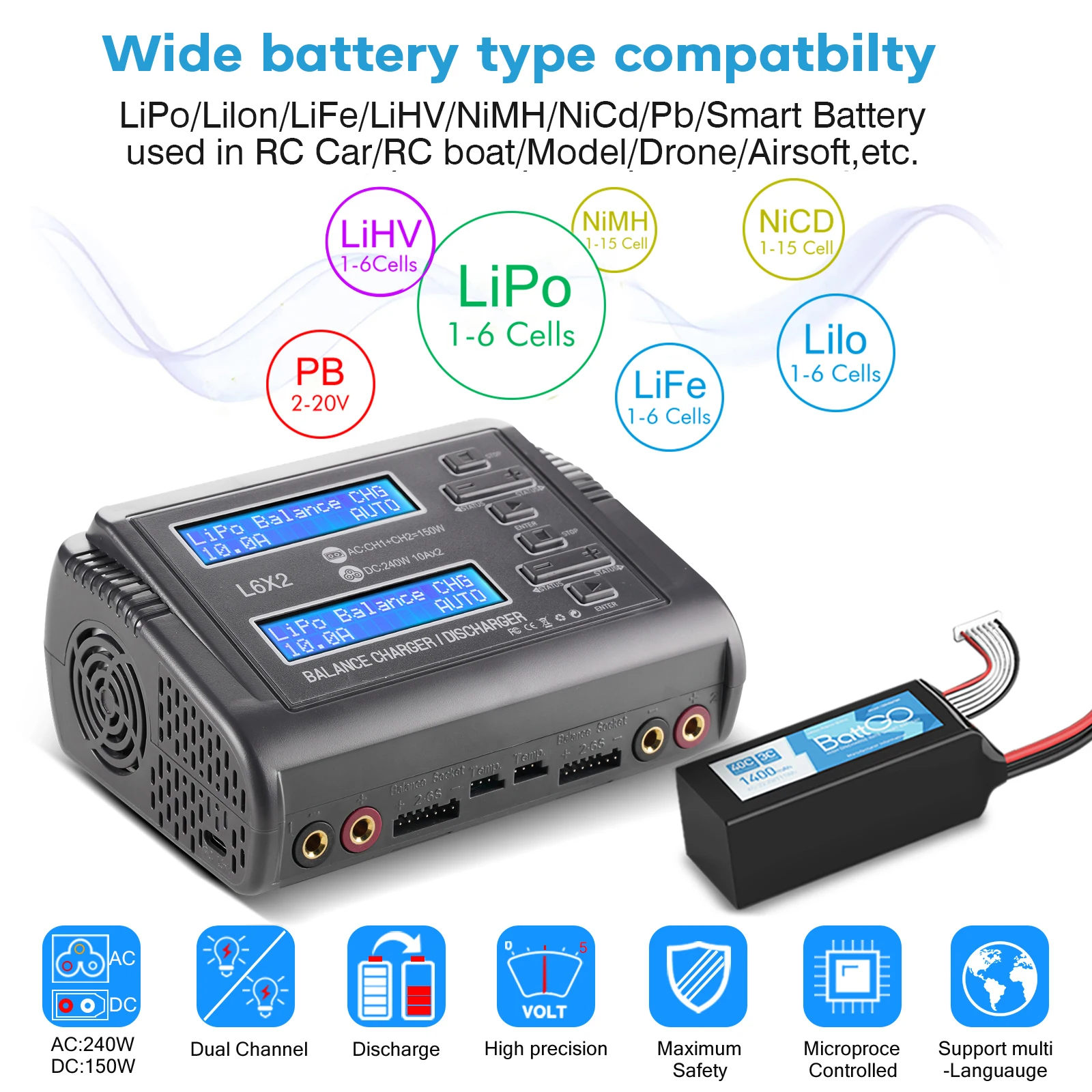 HTRC T240 DUO C150 Lipo Battery Balance Ladegerät 10A AC/DC Dual RC Ladegerät DE