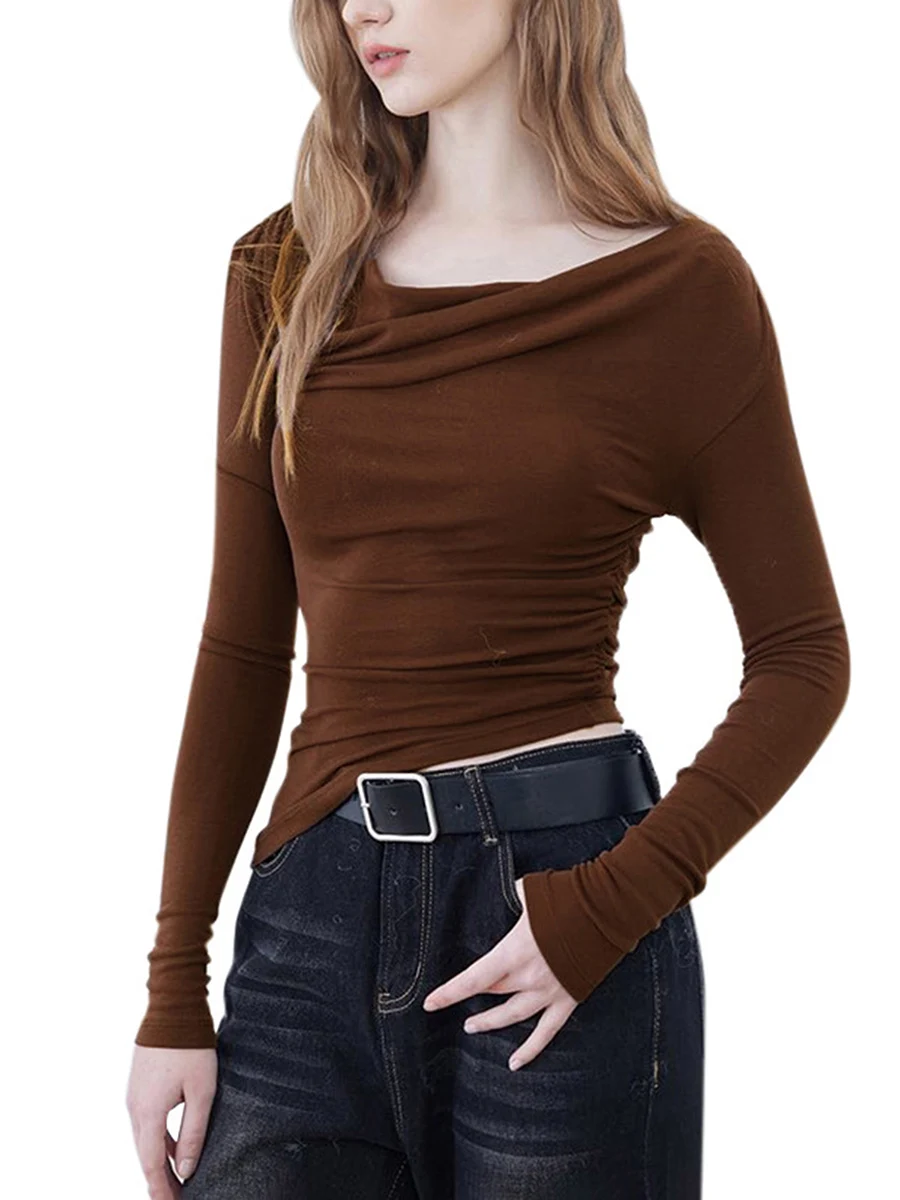 

Women's Fall Slant Collar Long-sleeved Fold Asymmetric Top T-Shirts Irregular Oblique Shoulder Ruched Slim Fit Tops Streetwear