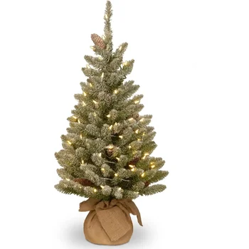 Artificial Mini Christmas Tree Includes Small White LED Lights and Cloth Bag Base Snowy Concolor Fir Burlap - 3 ft, Brown/Green 1