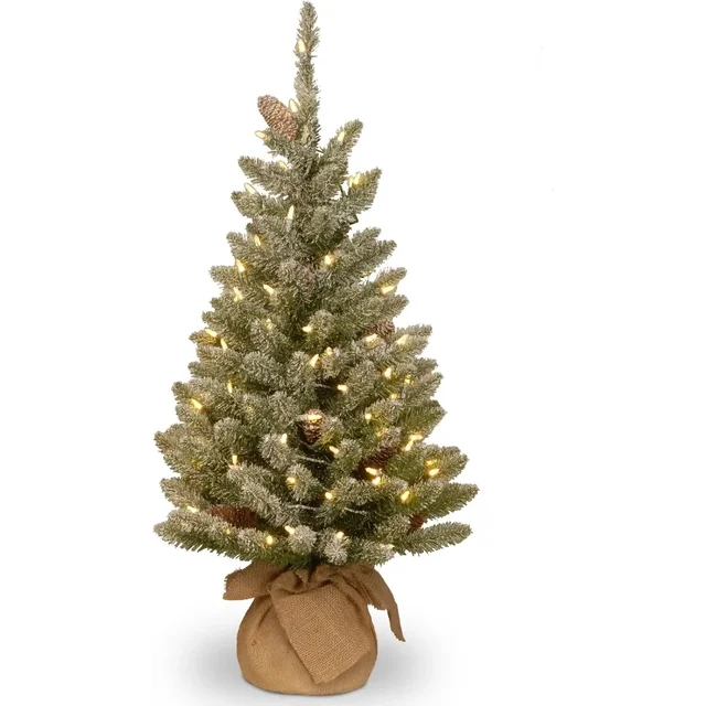 Artificial Mini Christmas Tree Includes Small White LED Lights and Cloth Bag Base Snowy Concolor Fir Burlap - 3 ft, Brown/Green 1