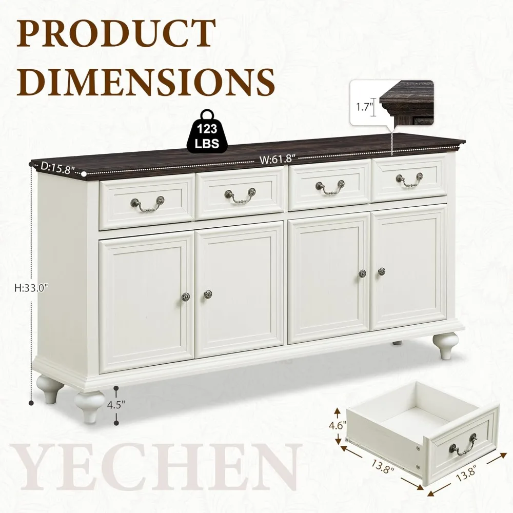 sideboard buffet cabinet with storage - 62" large buffet cabinet with 4 drawers & 4 doors, modern farmhouse coffee bar buffet t