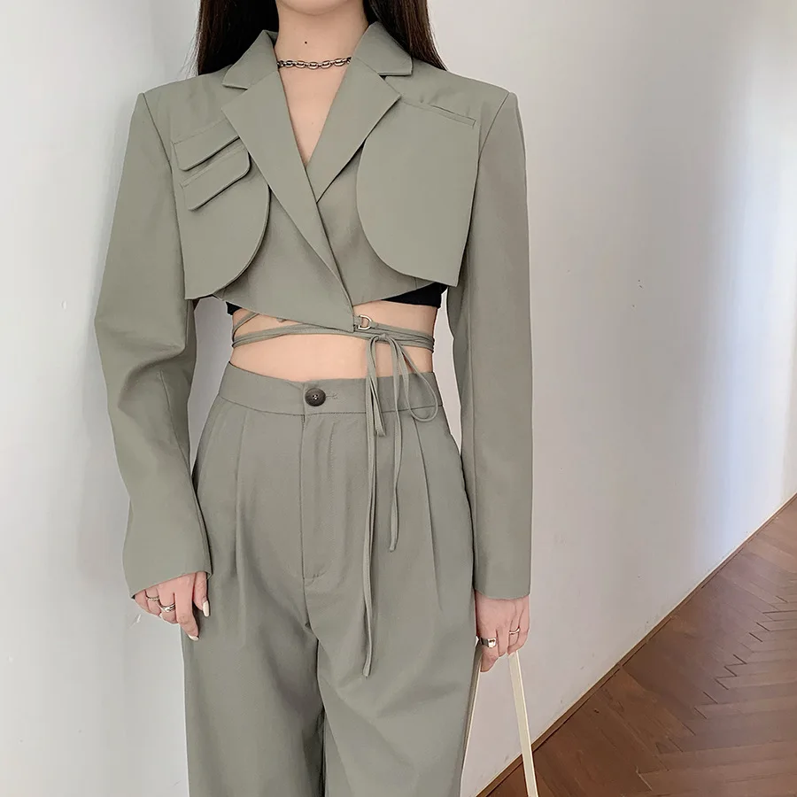

Vintage Women's Set Cropped Blazer Straight Pant Traf Lapel Slim Solid Coat Long Sleeve Elegant Female Outerwear Top trousers