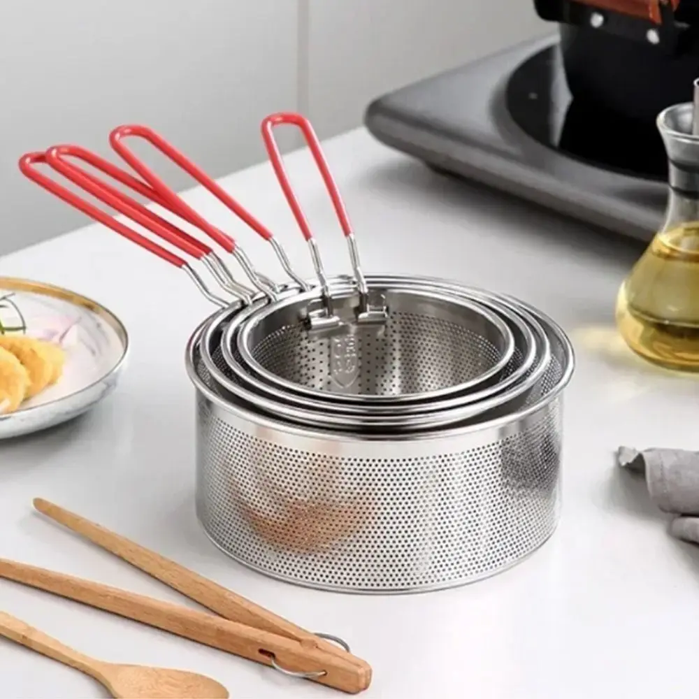Stainless Steel Fried Sieve Basket Mesh Design Easy Clean Oil Pan Strainer Round Shape Non-Stick Deep Frying Basket