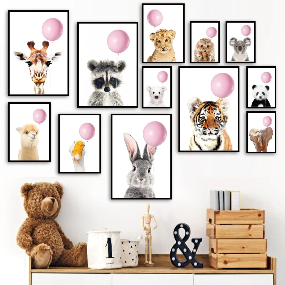 

Balloon Rabbit Elephant Giraffe Lion Tiger Nursery Wall Art Print Canvas Painting Nordic Poster Wall Pictures Baby Room Decor