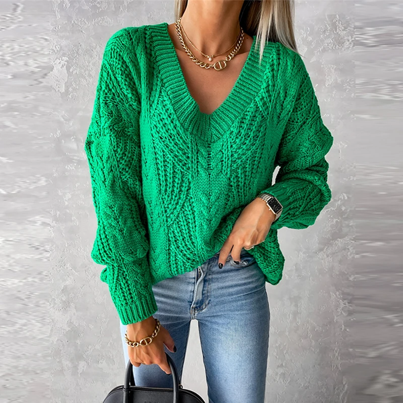 

Casual Solid Hollow Knitted Pullover Autumn Streetwear Loose Warm Women's Sweater Fashion V-neck Jacquard Long Sleeved Sweater