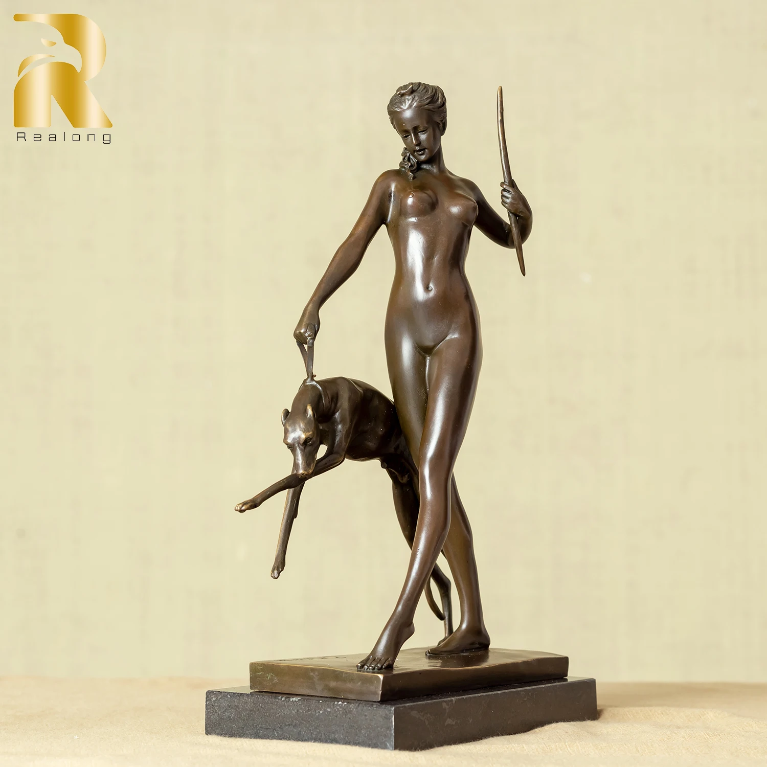 Artemis Diana Bronze Statue The Huntress Goddess Diana Con Scultura Di Cane Su Base In Marmo Artigianato Artistico Mitologico Per La Decorazione Domes