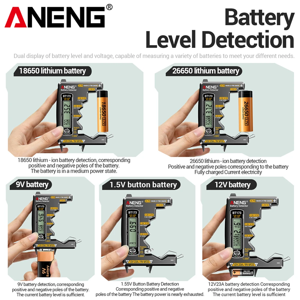 Testeur de Batterie ANENG BT173 - Détecteur 18650 21700 12V 23A