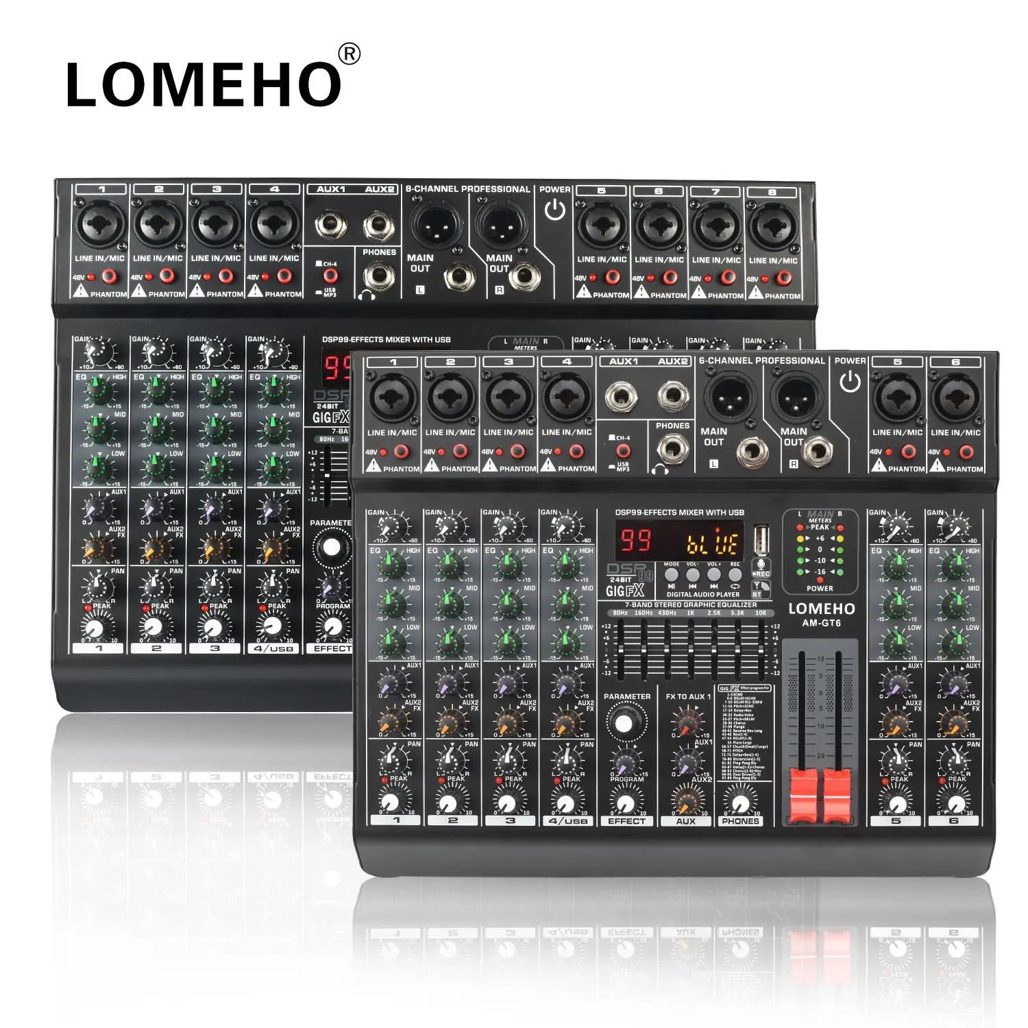 LOMEHO 7 Band EQ Audio Sound Mixer Table 6/8 Channel Mixing DJ Console with USB 2 AUX Output Individual 48V 99 Effect  AM-GT6/8