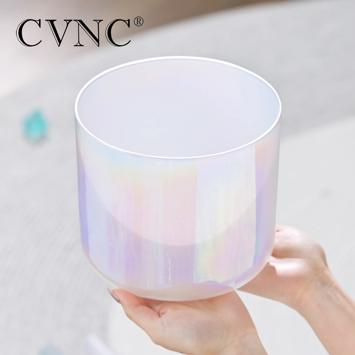 CVNC 6 Inch 440/432hz Dream Pearl Color Clear Cosmic Light Quartz Crystal Singing Bowl for Meditation Sound Healing with mallet