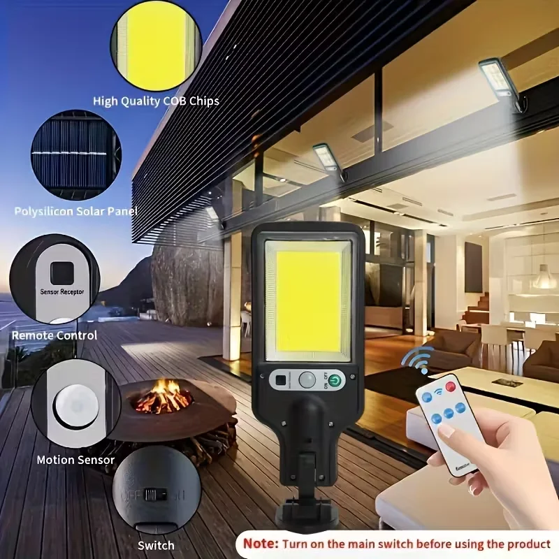Luz LED/COB con Sensor de movimiento Solar, lámpara de pared para exteriores con 3 modos de brillo para puerta delantera, patio, camino, plantación de carport, resort de esquí