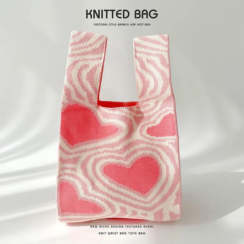 T-shirt bag, vest bag, trendy knit, contrasting heart, one-shoulder tote, handbag, versatile, large-capacity tote bag
