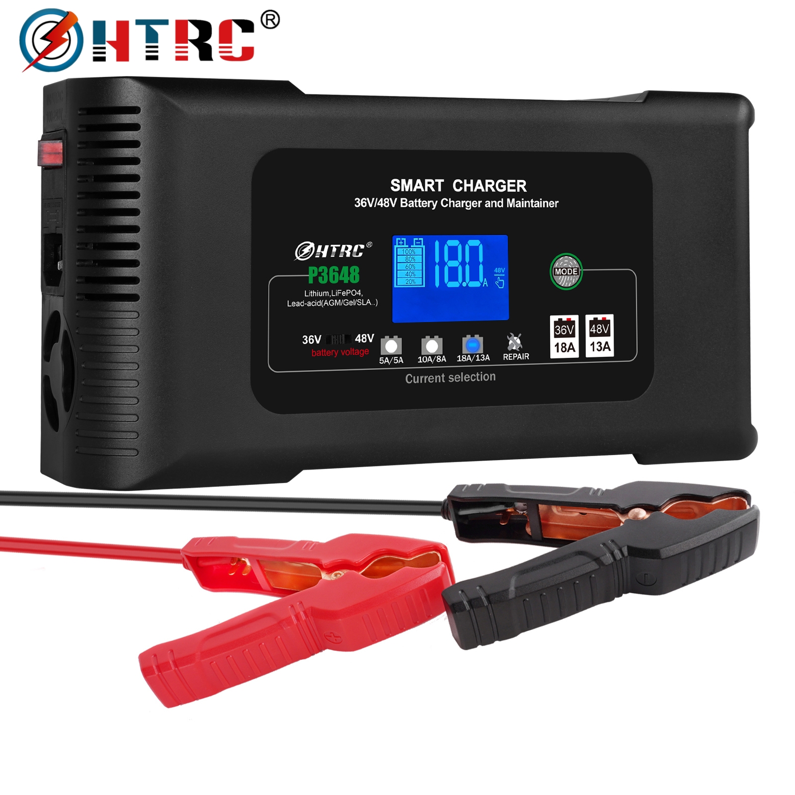 HTRC 36V/48V Car Battery Charger Smart Charger 13A/18A for Lithium LiFePO4 Lead-acid Battery for Golf Cart Fast Car Charging