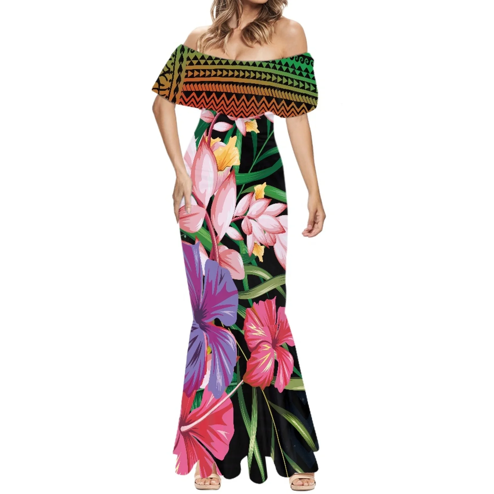 

Polynesian Tribal Samoan Totem Tattoo Samoa Prints Sexy Strapless Wedding Dress Off Shoulder Party Formal Occasion Dress Summer