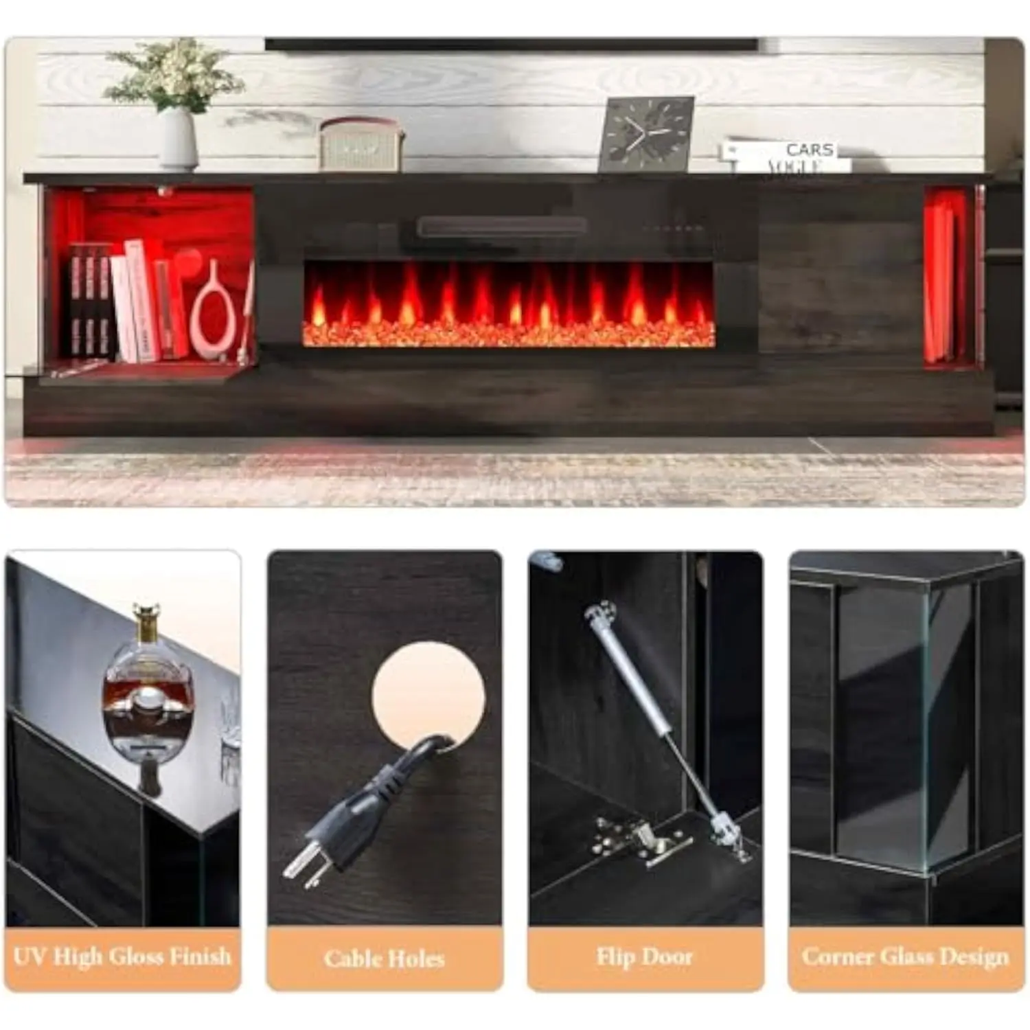 70 Glossy Oak Fireplace TV Stand with 36 Fireplace for TVs up to 80 LED Lights Fireplace Entertainment Center with Flip Doors 6