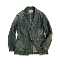 Men's Striped Suit Blazer Notch Lapels Distressed Washed Classic Jacket 1