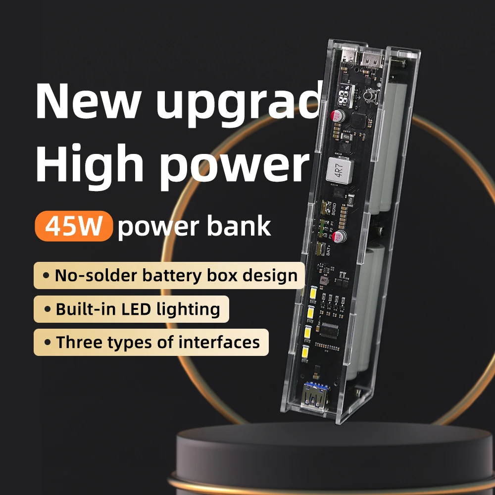 PD45W Two Way power bank case battery power bank box Power Bank Case 20000mah No Welding LED Light Digital Display Transparent Punk 21700 18650 Battery Fast Charging