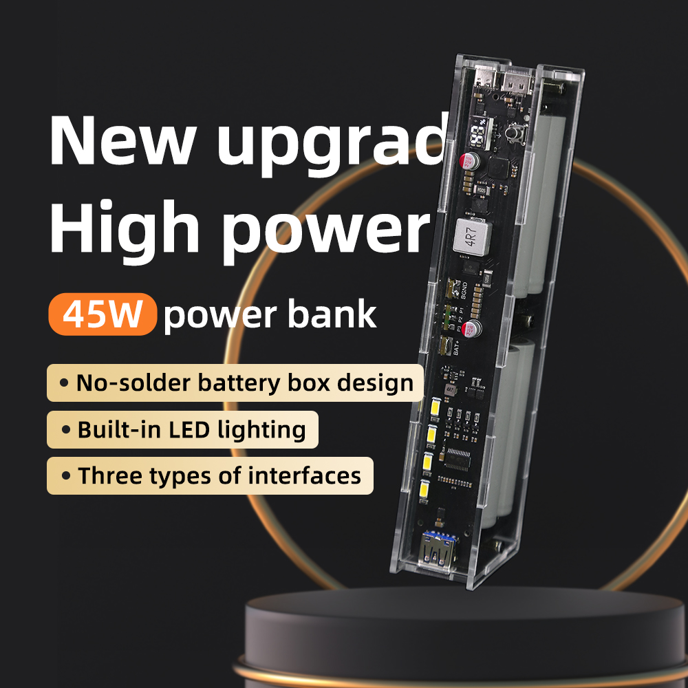 Two Way PD 45W 20000mah No Welding LED Light Digital Display Transparent Punk 21700 18650 Battery Fast Charge Power Bank Case