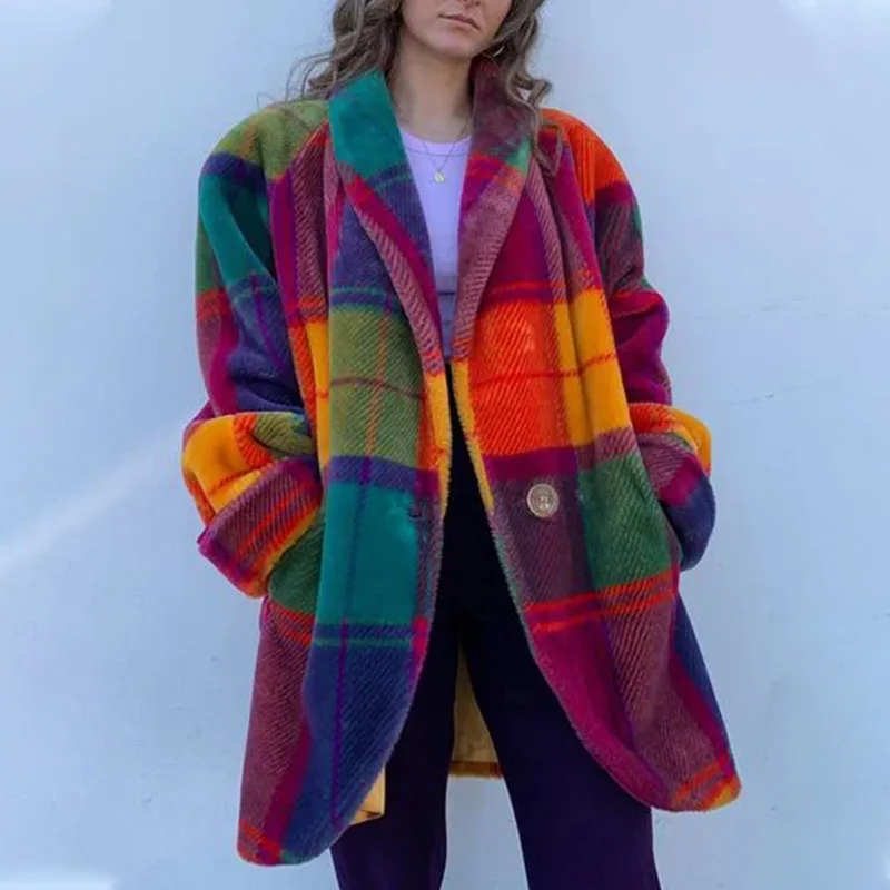 

Independent Design Refined Autumn Winter Women's Long-Sleeved Lapel Multi-Color Coat Printed Woolen Long-Cut Coat New Arrivals
