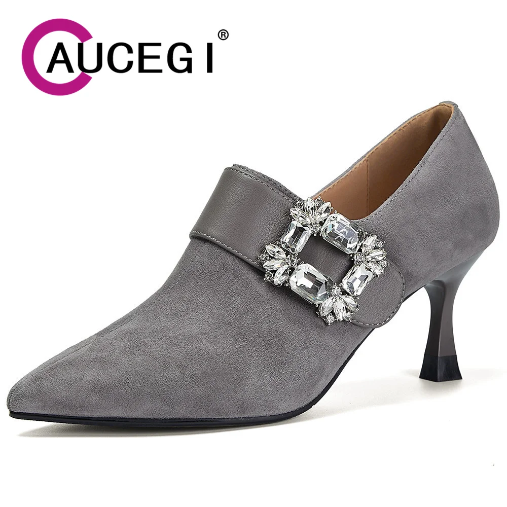 

Aucegi Classic Style Women Thin High Heels New Spring Autumn Square Rhinestone Pointed Toe Pumps Sexy Zipper Dress Party Shoes